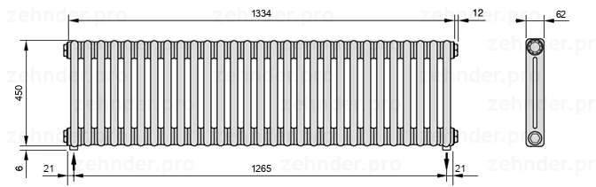 Схема (чертеж) Радиатор Zehnder Charleston 2045/29 №5310 Белый глянцевый RAL 9016